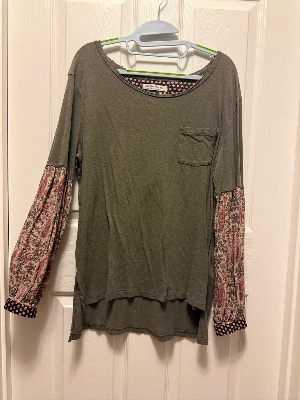 We The Free Olive Long-Sleeve Top with Floral Mixed Sleeves